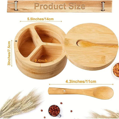 Expertly crafted, this bamboo seasoning container includes a secure lid and a convenient spoon for precise use. Our3Designs