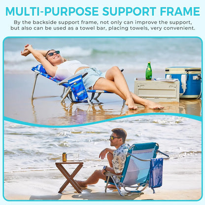 Ultimate Comfort: 4-Position Adjustable Backpack Beach Chair - Lightweight Aluminum Relaxation with Headrest, Cup Holder, and Towel Rack - Holds Up to 265 lbs!