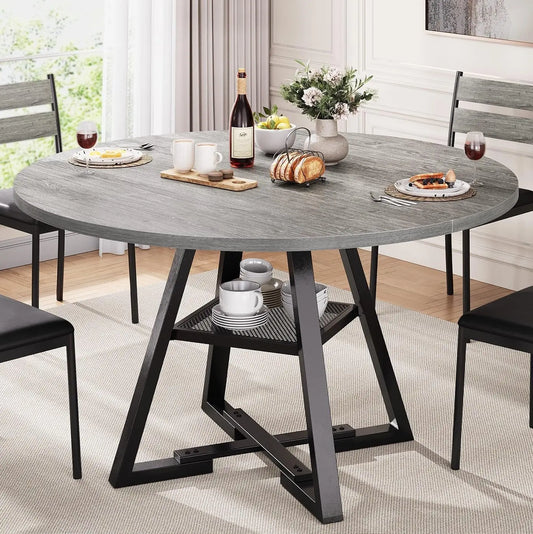 Round Dining Table for 4,Kitchen Dining Room Circle Dinner Pedestal Table,Space Saving Wood Kitchen & Dining Room Furniture (Grey, 47In)