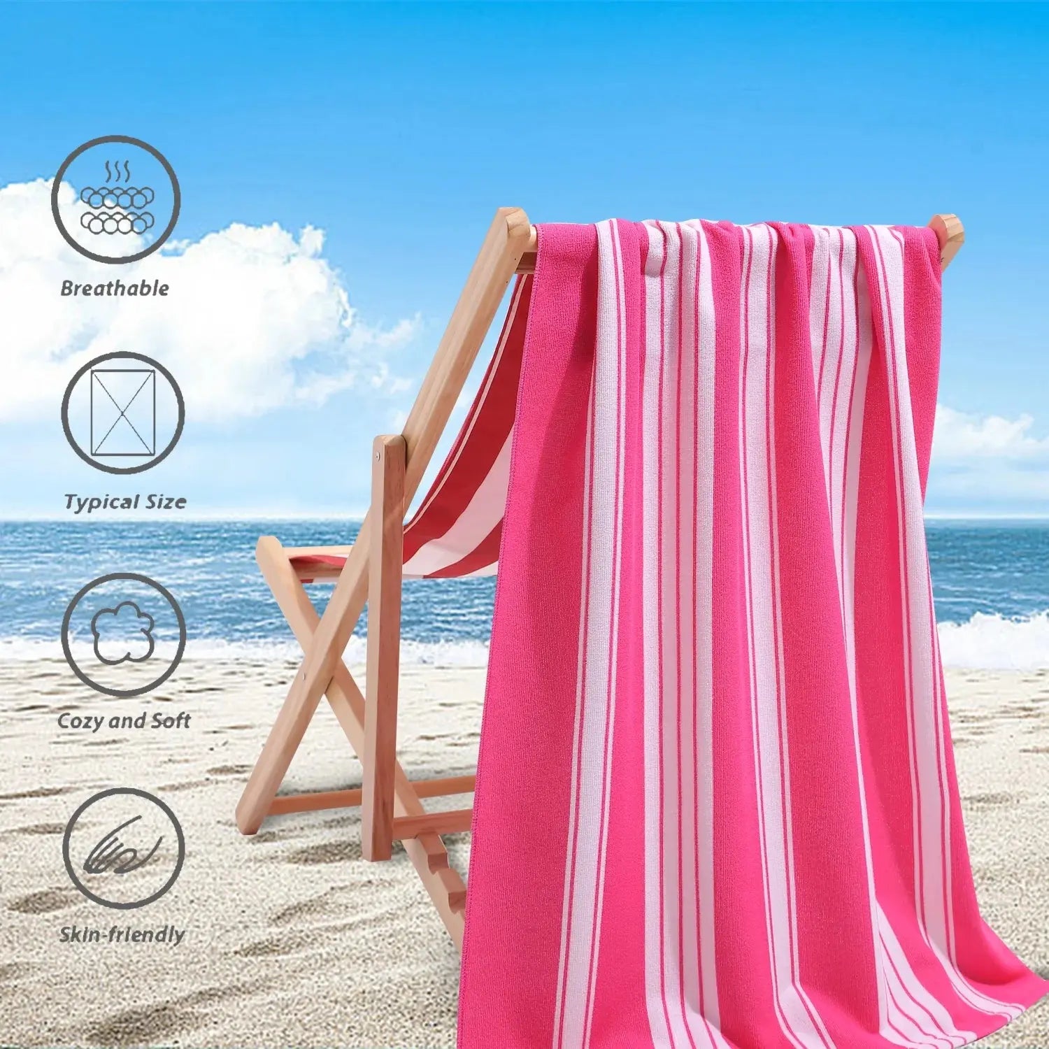2 Pack Oversized Cabana Stripe Beach Towels, 60X30 Inches Microfiber Outdoor Large Swim Towel for Adults (Rose Red)