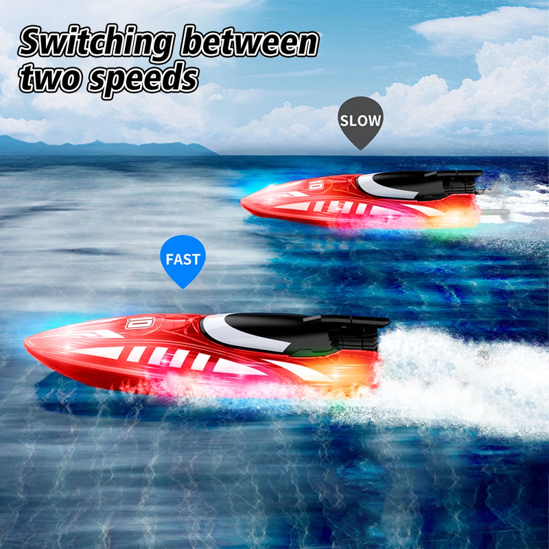 Remote Control Boat with LED Lights, 2.4G RC Electric Speed Boat, Waterproof, Includes Batteries - Red