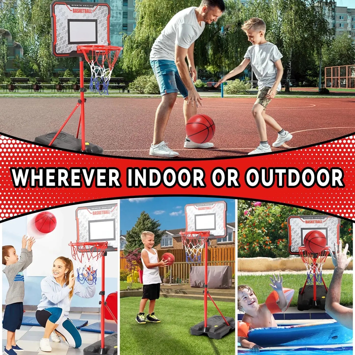 Kids Basketball Hoop, 2-In-1 Toddler Basketball Goal with Dart Board &amp; 4 Balls, Adjustable Height 2.9Ft-6.2Ft, Outdoor Basketball Toy Gifts for 3-12 Year Old Boys Girls