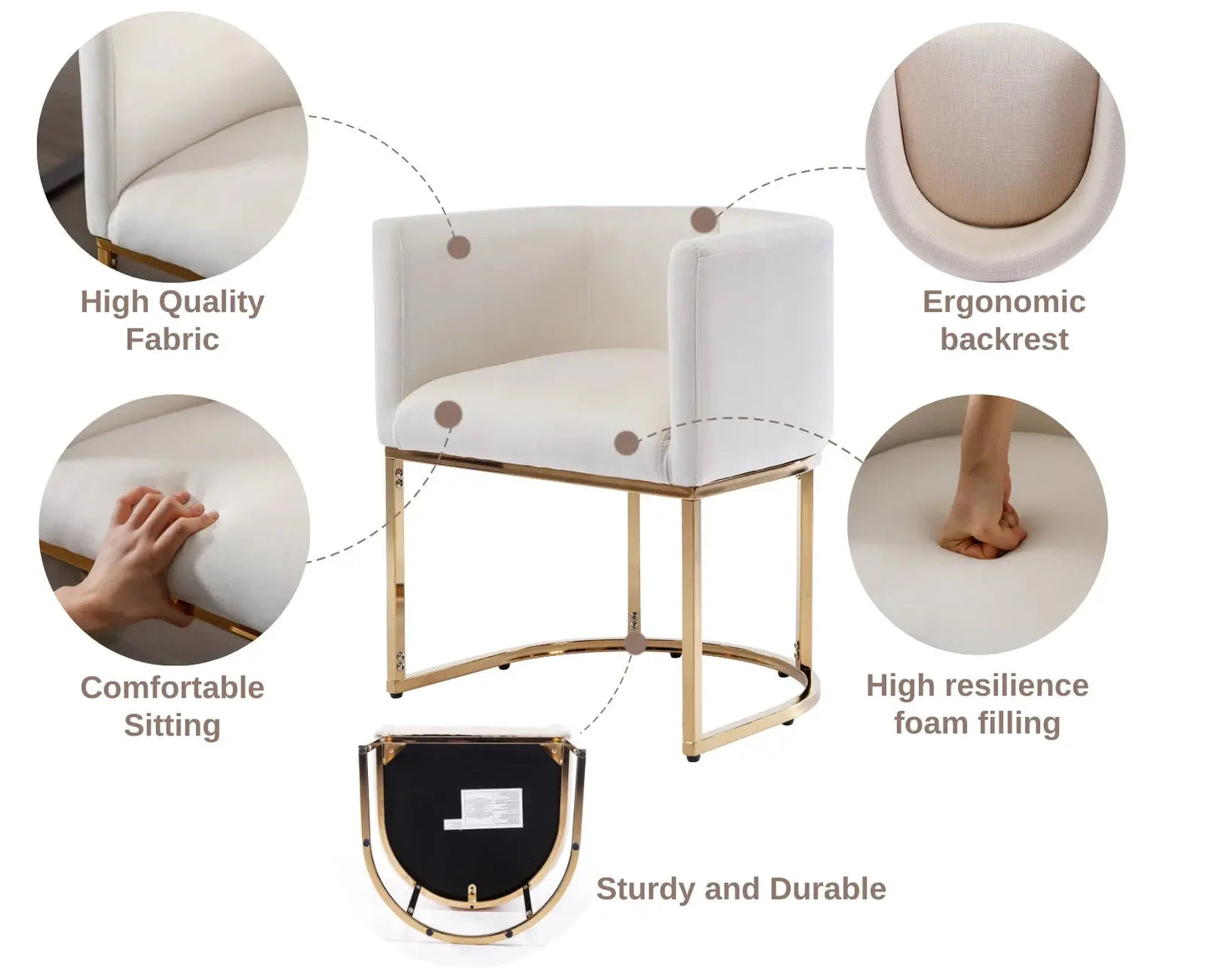 Modern Velvet Dining Chair, Mid-Century Upholstered Barrel Kitchen Chairs Fabric Side Chair with Metal Legs and Curved Back for Living Room Dining Room Bedroom, White