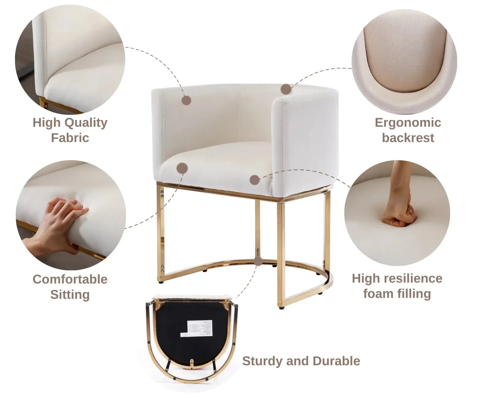 Modern Velvet Dining Chair, Mid-Century Upholstered Barrel Kitchen Chairs Fabric Side Chair with Metal Legs and Curved Back for Living Room Dining Room Bedroom, White