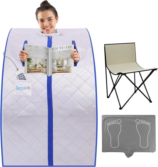 Portable Sauna Box for Home, Infrared Sauna Tent with Heated Foot Pad and Folding Chair, Remote Control In-Home Spa, 38&quot; X 32” - (Silver)