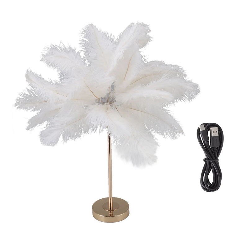 Touch Switch Feather Lamp, Feather Table Lamp, Touch Switch USB Ostrich Feather Lamp 3 Color Dimming Desk Lamp with Gold Metal Base 30Pcs Feather