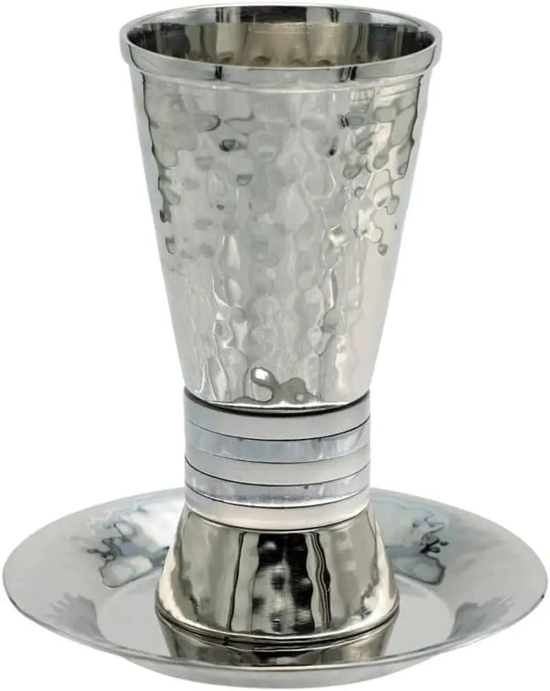 Hammered Nickel Cylinder Kiddush Cup with Silver Rings