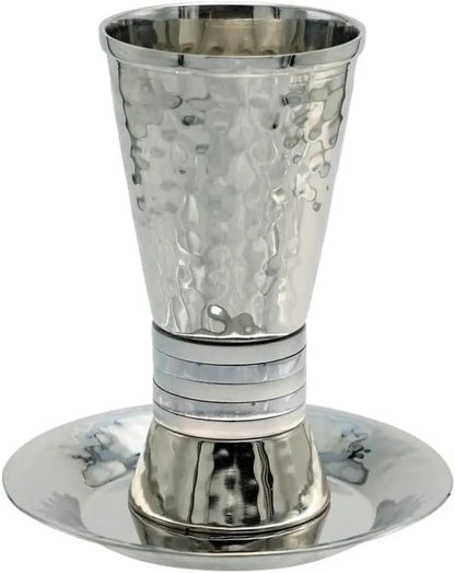 Hammered Nickel Cylinder Kiddush Cup with Silver Rings