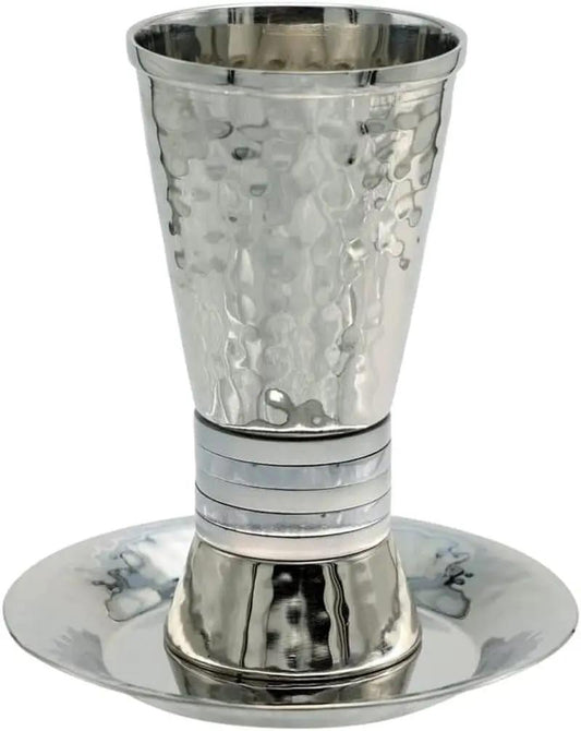 Hammered Nickel Cylinder Kiddush Cup with Silver Rings
