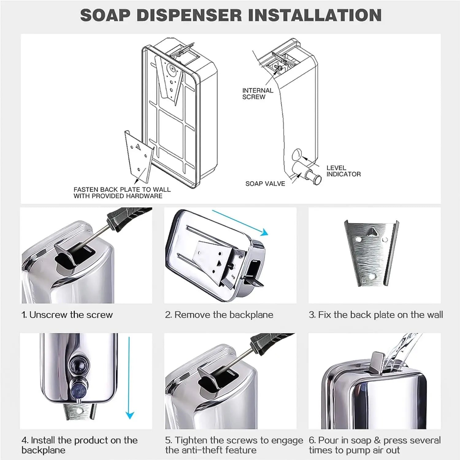Soap Dispenser Wall Mount 304 Stainless Steel Commercial Hand Soap Dispenser, Manual Liquid Gel Soap Dispenser for Bathroom