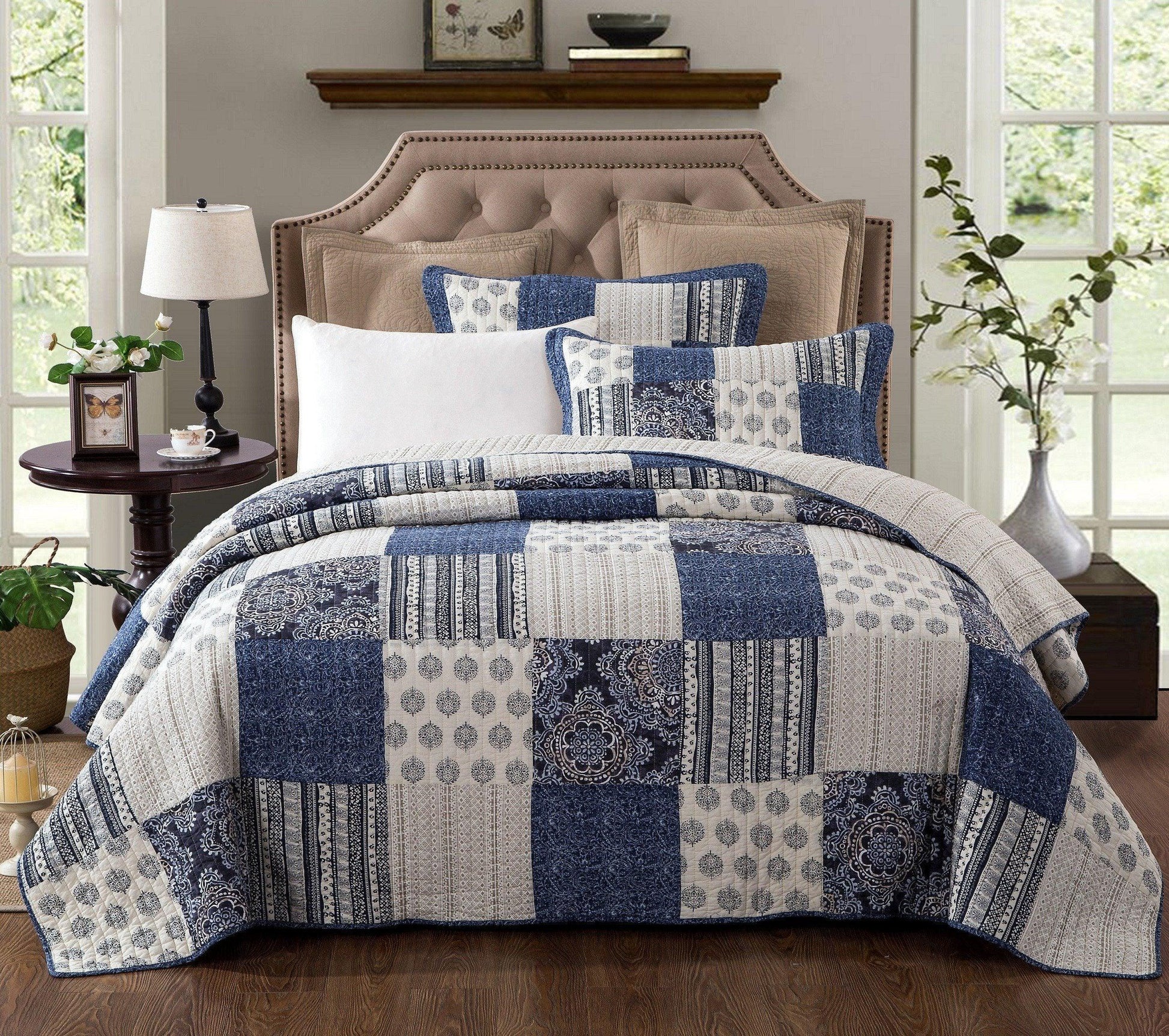 DaDa Bedding Bohemian Denim Blue Elegance Patchwork Cotton Bedspread Set (JHW-660) DaDalogy Bedding Collection