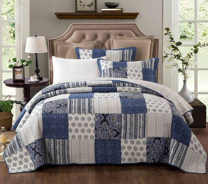 DaDa Bedding Bohemian Denim Blue Elegance Patchwork Cotton Bedspread Set (JHW-660) DaDalogy Bedding Collection