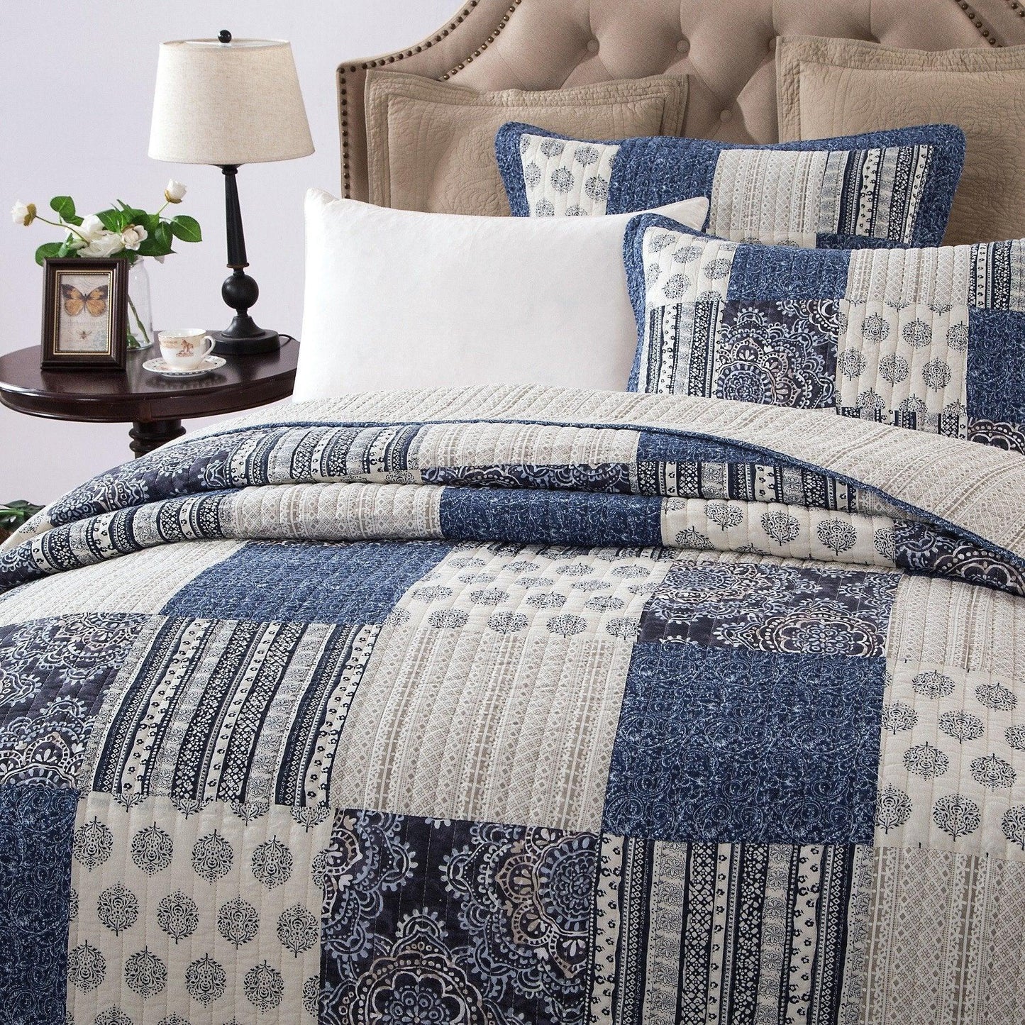 DaDa Bedding Bohemian Denim Blue Elegance Patchwork Cotton Bedspread Set (JHW-660) DaDalogy Bedding Collection
