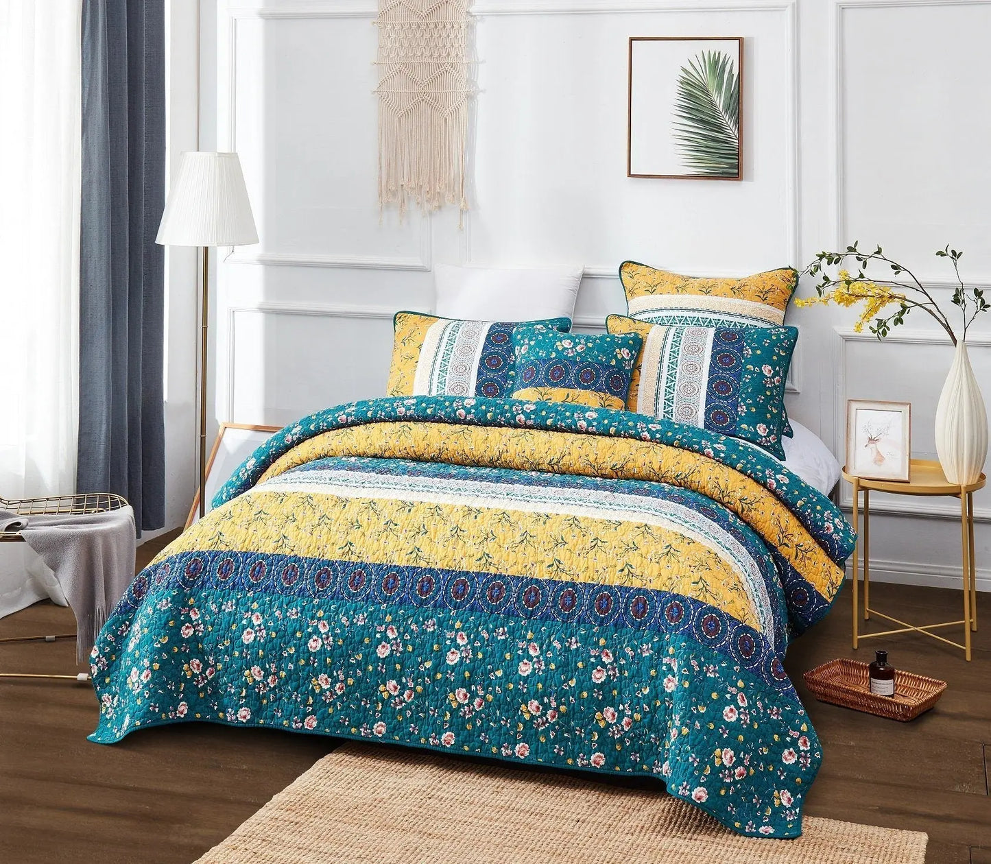 DaDa Bedding Bohemian Patchwork Bed of Wild Flowers Floral Gardenia Green Bedspread Set (JHW-886) DaDalogy Bedding Collection