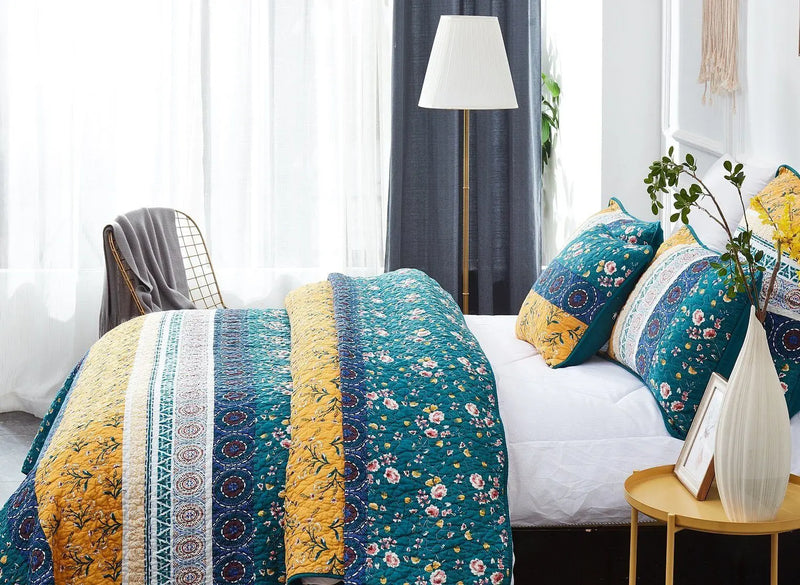 DaDa Bedding Bohemian Patchwork Bed of Wild Flowers Floral Gardenia Green Bedspread Set (JHW-886) DaDalogy Bedding Collection