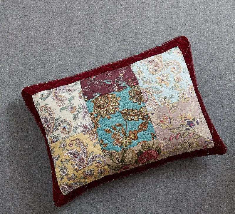 DaDa Bedding Bohemian Burgundy Red Velvet Trim Floral Paisley Patchwork Cotton Bedspread Set (JHW-868) DaDalogy Bedding Collection