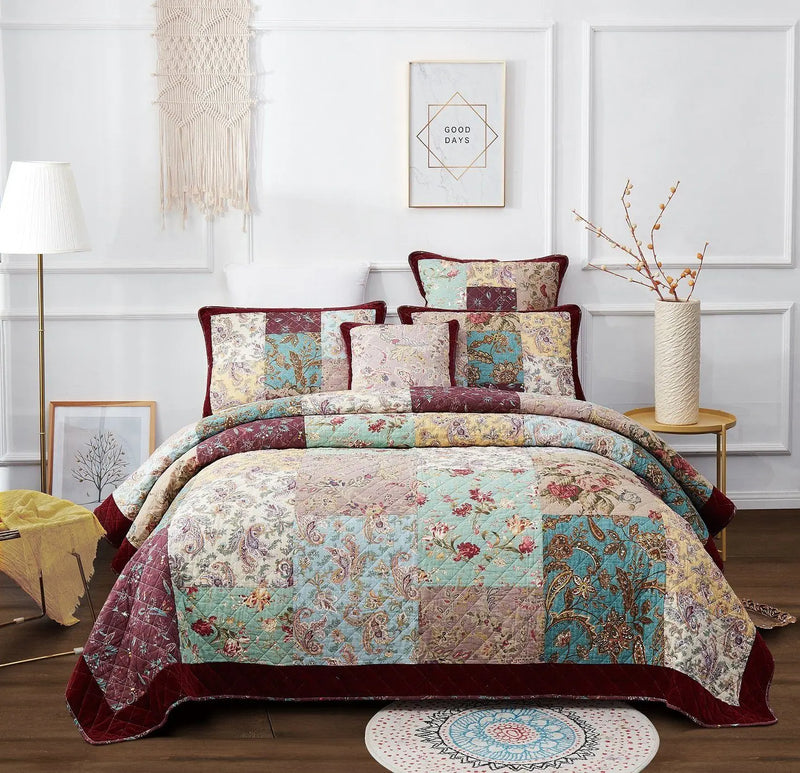 DaDa Bedding Bohemian Burgundy Red Velvet Trim Floral Paisley Patchwork Cotton Bedspread Set (JHW-868) DaDalogy Bedding Collection