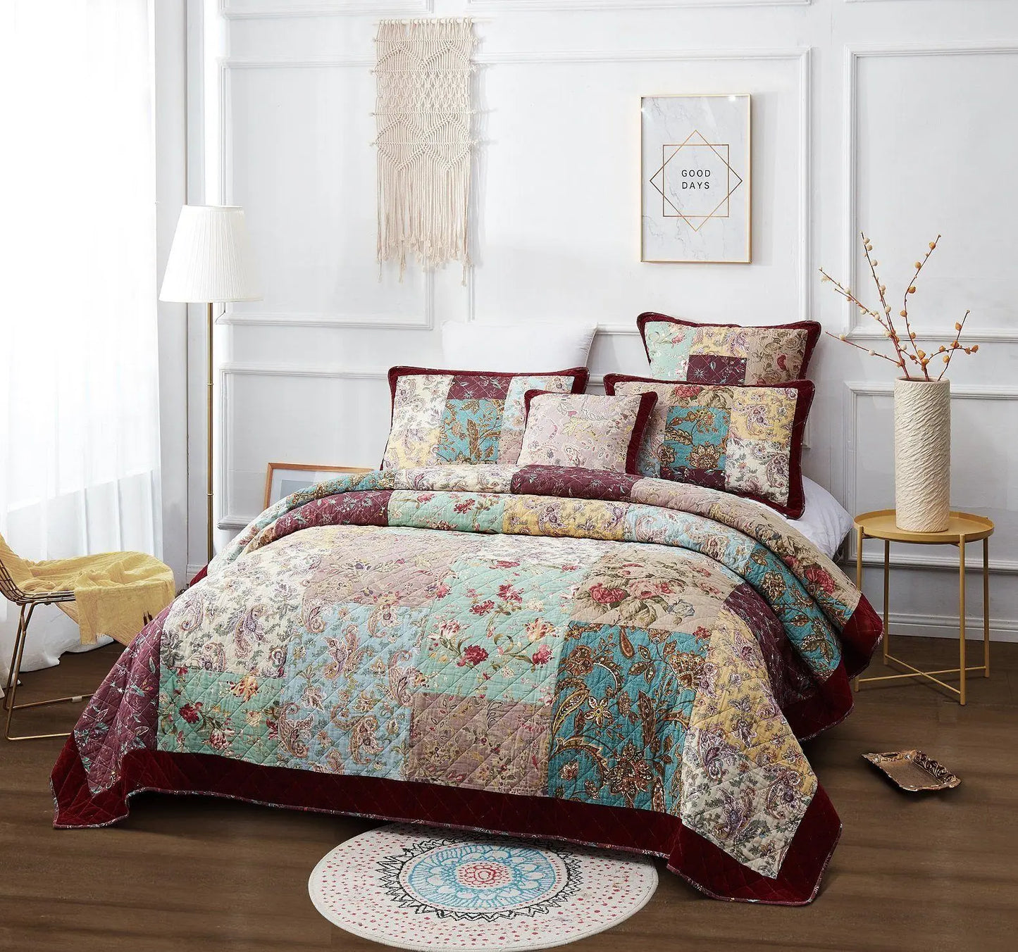 DaDa Bedding Bohemian Burgundy Red Velvet Trim Floral Paisley Patchwork Cotton Bedspread Set (JHW-868) DaDalogy Bedding Collection