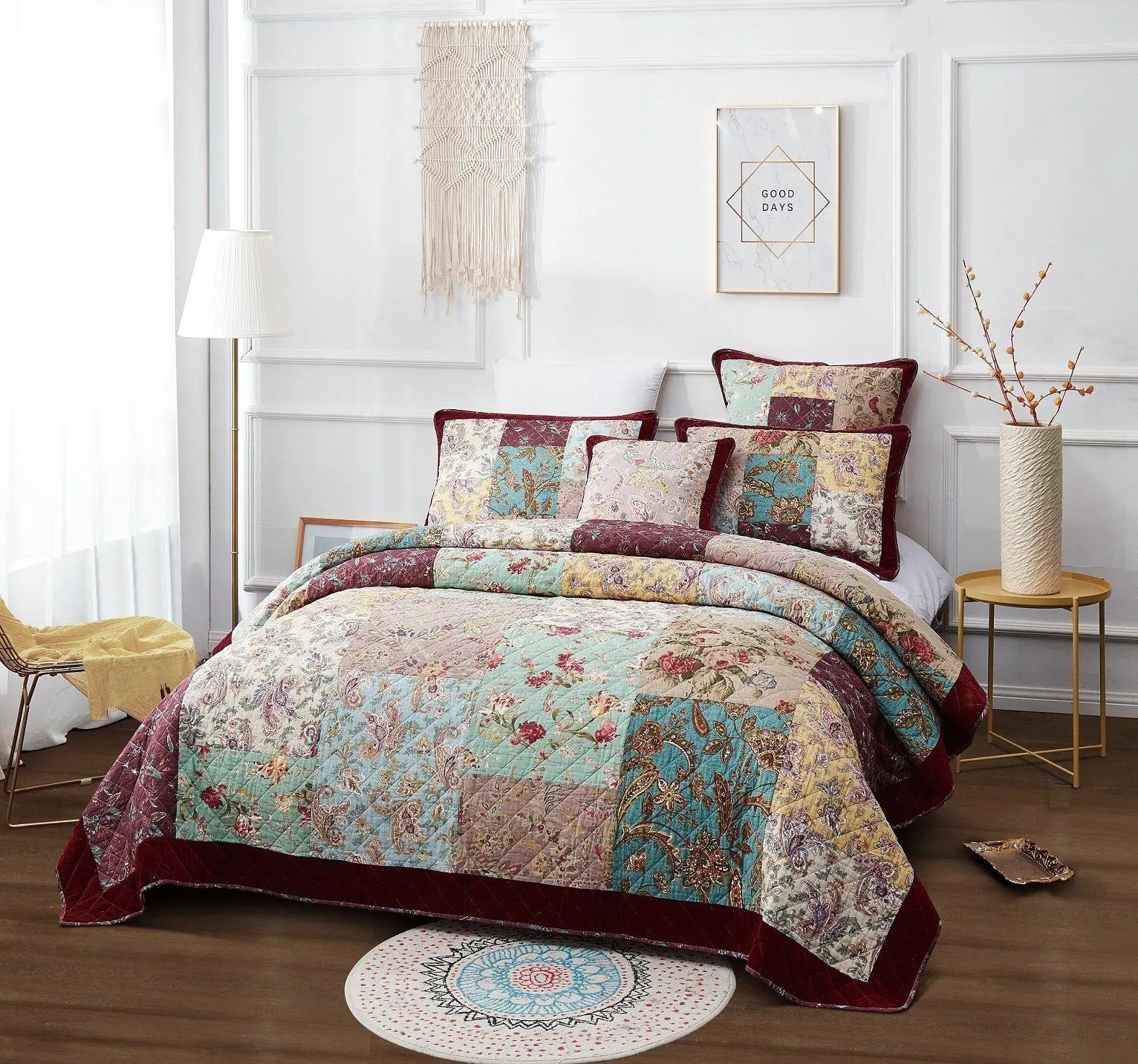 DaDa Bedding Bohemian Burgundy Red Velvet Trim Floral Paisley Patchwork Cotton Bedspread Set (JHW-868) DaDalogy Bedding Collection