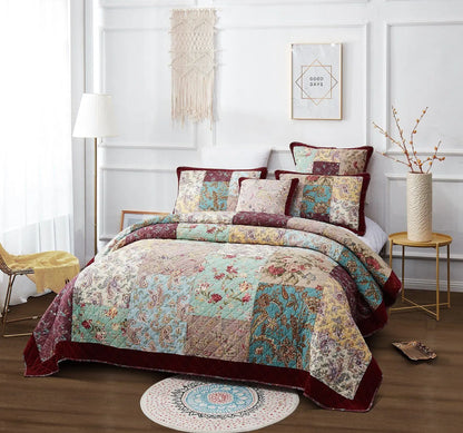 DaDa Bedding Bohemian Burgundy Red Velvet Trim Floral Paisley Patchwork Cotton Bedspread Set (JHW-868) DaDalogy Bedding Collection