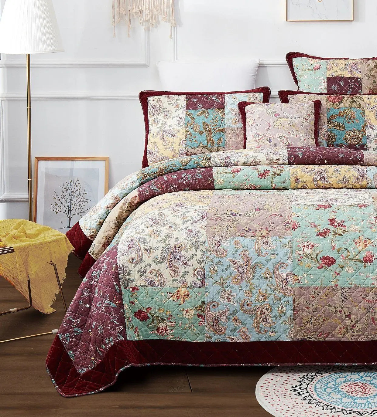 DaDa Bedding Bohemian Burgundy Red Velvet Trim Floral Paisley Patchwork Cotton Bedspread Set (JHW-868) DaDalogy Bedding Collection