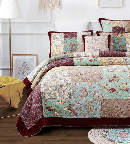 DaDa Bedding Bohemian Burgundy Red Velvet Trim Floral Paisley Patchwork Cotton Bedspread Set (JHW-868) DaDalogy Bedding Collection