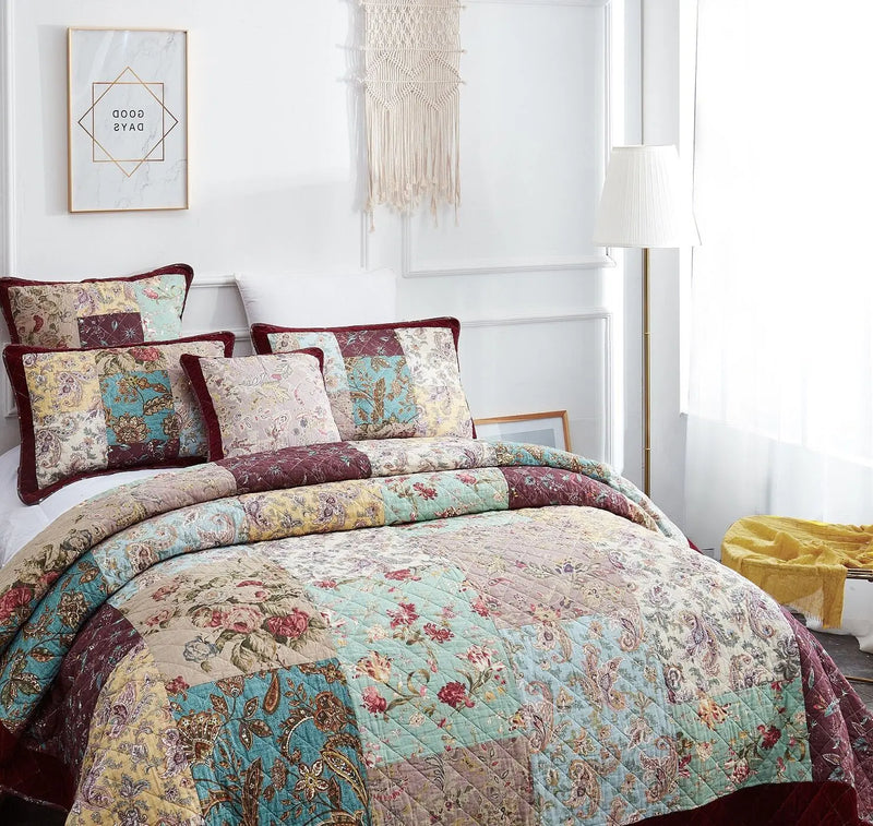 DaDa Bedding Bohemian Burgundy Red Velvet Trim Floral Paisley Patchwork Cotton Bedspread Set (JHW-868) DaDalogy Bedding Collection