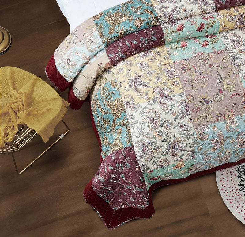 DaDa Bedding Bohemian Burgundy Red Velvet Trim Floral Paisley Patchwork Cotton Bedspread Set (JHW-868) DaDalogy Bedding Collection