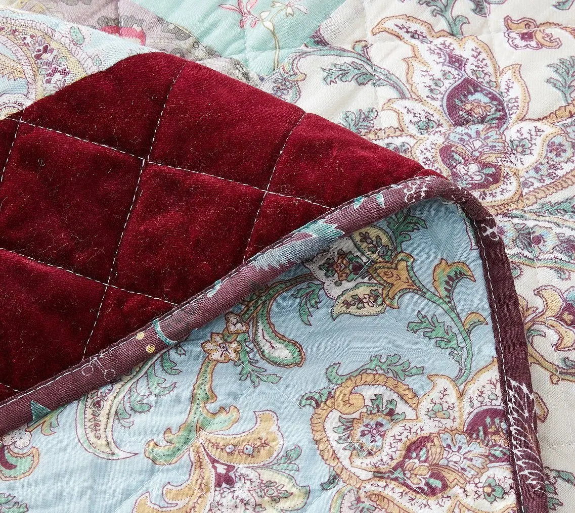 DaDa Bedding Bohemian Burgundy Red Velvet Trim Floral Paisley Patchwork Cotton Bedspread Set (JHW-868) DaDalogy Bedding Collection