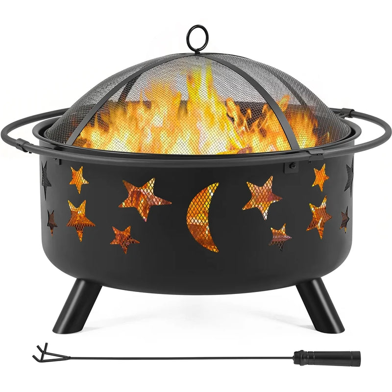 Iron Fire Pit with Poker Mesh Cover for BBQ Backyard Patio, Black