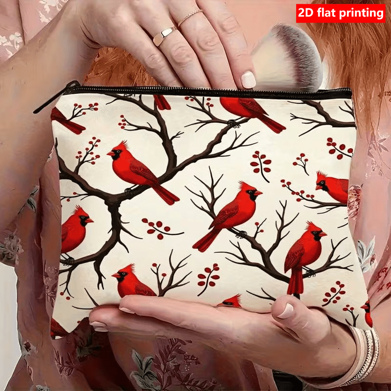 1pc Zippered Makeup Bag with Red Cardinal Pattern