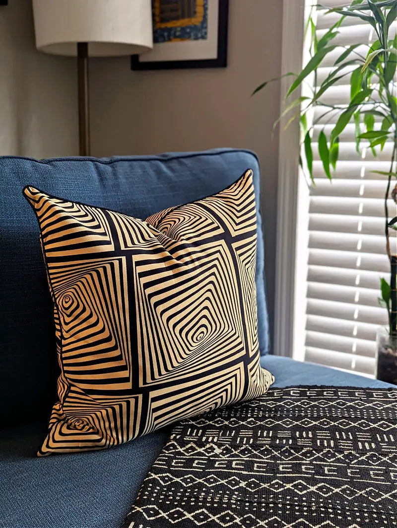 African Print Fabric Pillow Cover - Black Beige Abstract Pattern Reflektion Design
