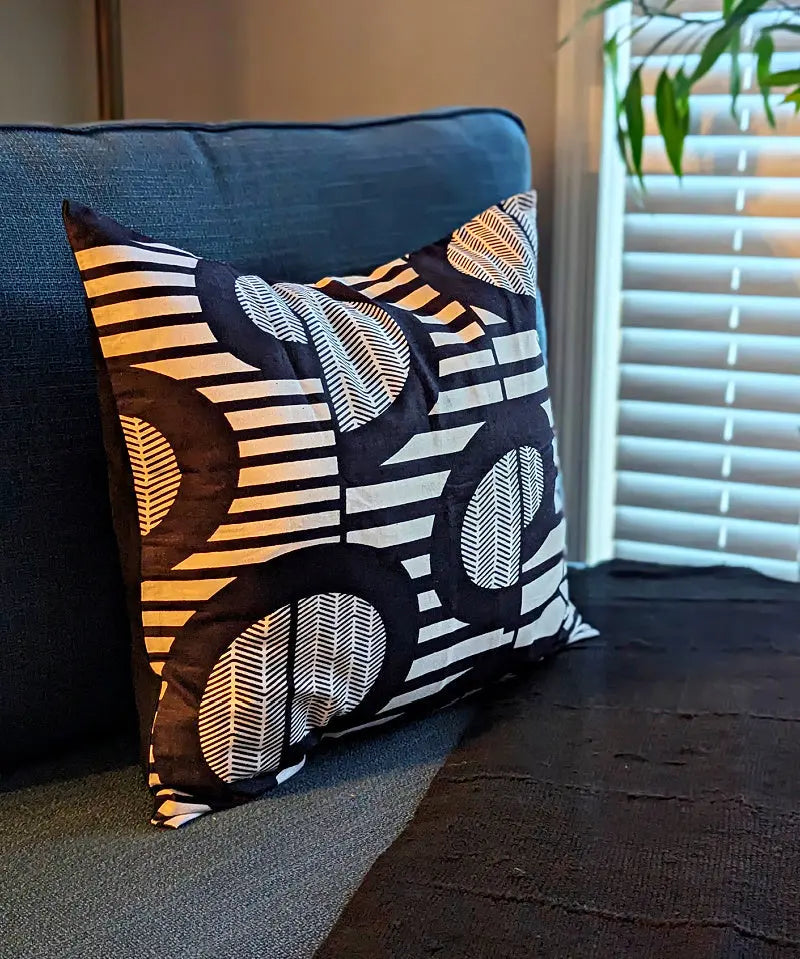 African Print Fabric Pillow Cover - Black White Abstract Pattern Reflektion Design