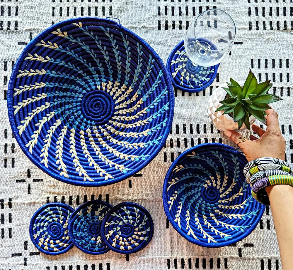 Large Blue White Woven African Basket Reflektion Design