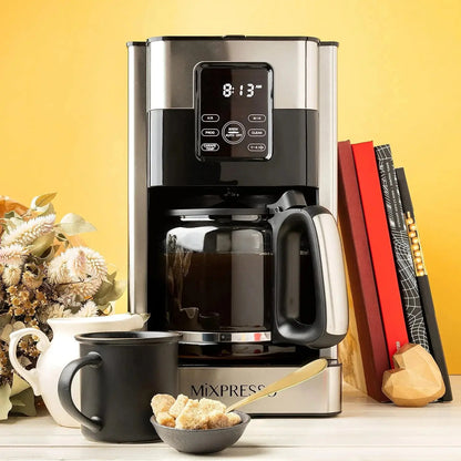 12-Cup Programmable Drip Coffee Maker with LCD Touch Display, Borosilicate Glass Carafe, Anti-Drip System, and Stainless Steel Finish