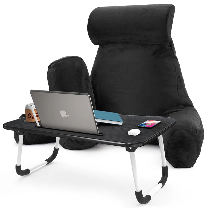 Reading Pillow Bonus Portable Lap Desk Stand for Laptop, Back Rest Pillow for Sitting in Bed, Shredded Memory Foam Bed Rest Pillow with Arms and Pockets, Large, Black