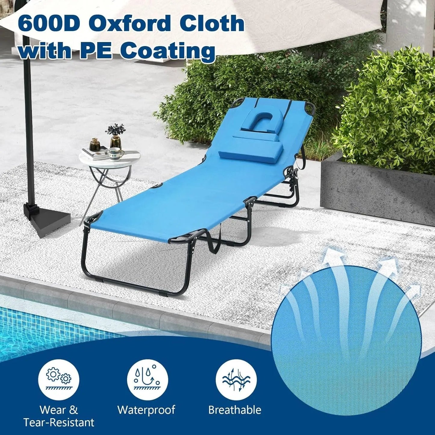 Chill in Style with Our Folding Chaise Lounge Beach Chair! Perfect for Tanning with a Face Hole Pillow – Ideal for Poolside, Patio, or Backyard Relaxation! 🌞💦 #SummerVibes #BeachReady