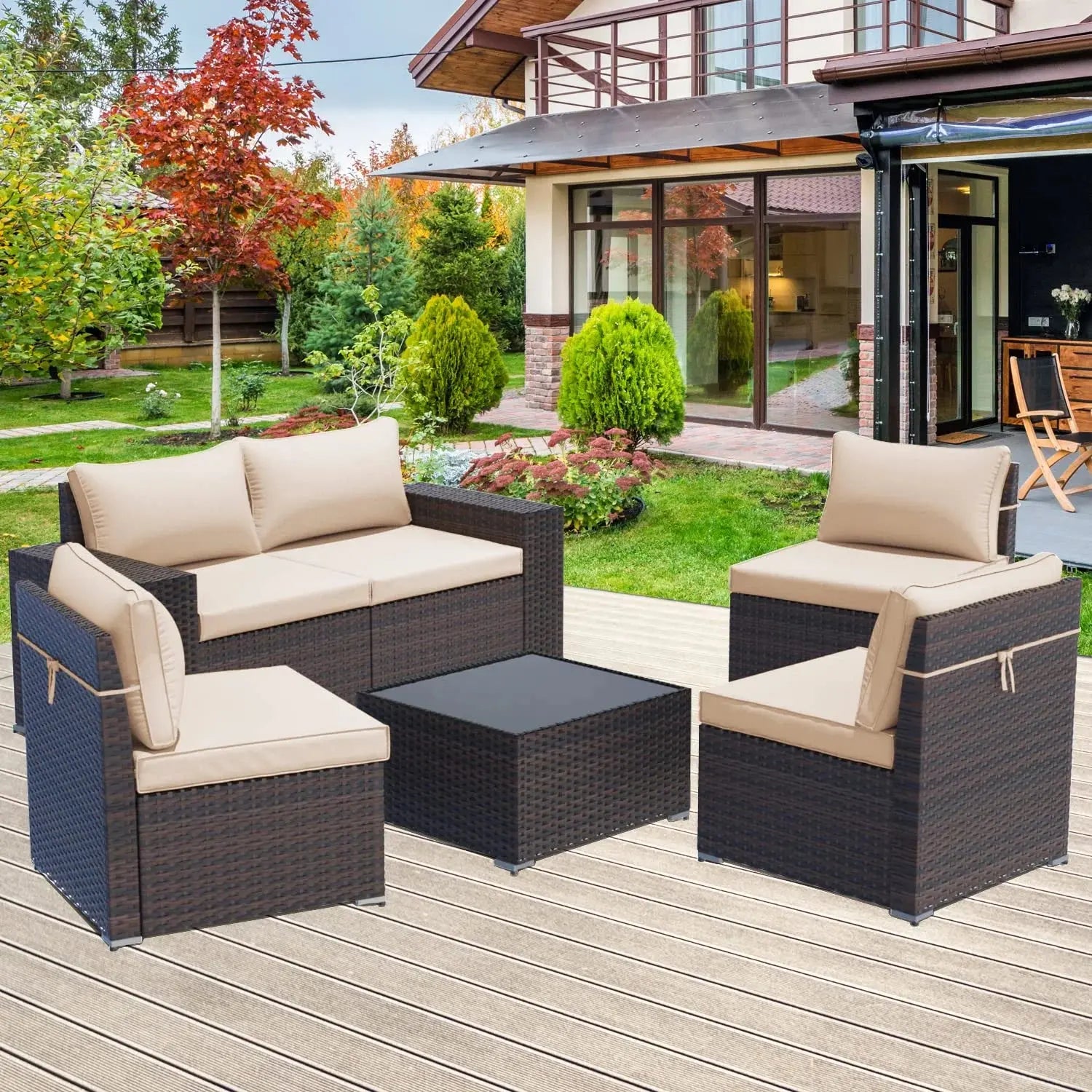 Patio Furniture Sets 6 Pieces PE Rattan Wicker Furniture Patio Sofa Set(Sand)