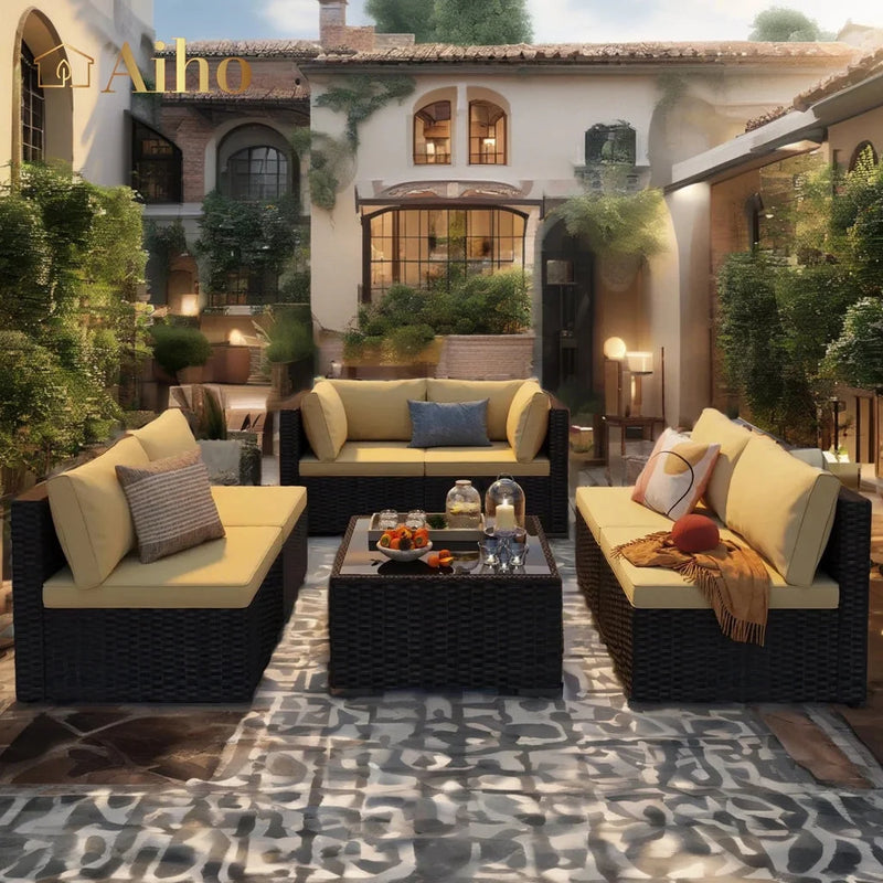7 Piece Patio Furniture Sets,  Outdoor Sectional Sofa with Glass Coffee Table & Cushions for Patio - Beige