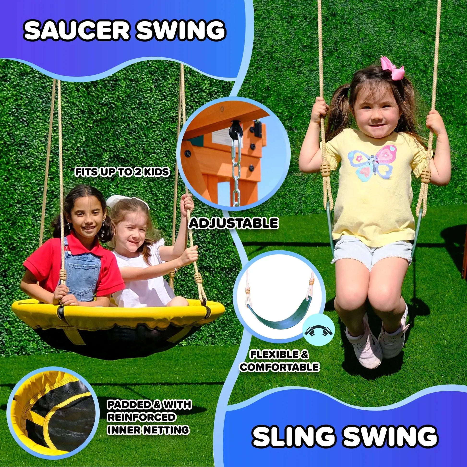 Amelia Wooden Swing Set with 2-Person Saucer Swing, 6' Slide & Play Fort - Heavy Duty & Lifetime Warranty!