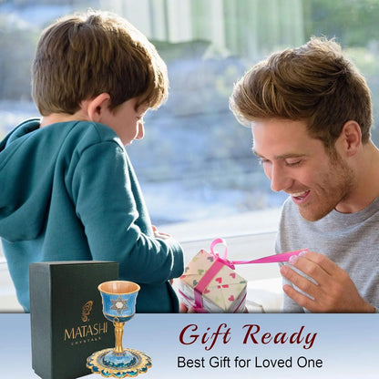 Hand-Painted Enamel Tall 5&quot; Kiddush Cup Set W/Stem &amp; Tray Embellished W/Crystals and Star of David Design for Weddings Shabbat Havdalah Passover Goblet Judaica Gift Cup