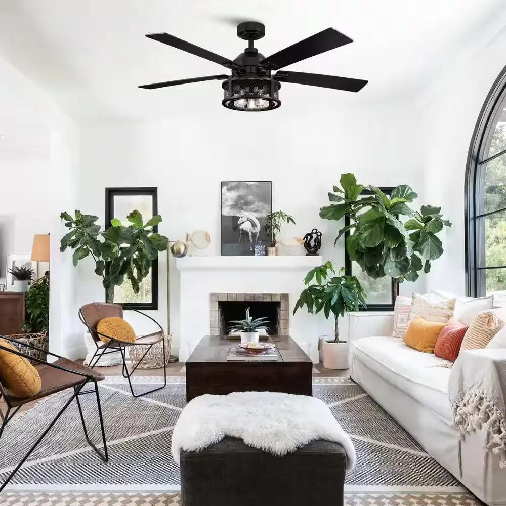 52 In. Indoor Industrial Mesh Metal Reversible Blades Black Ceiling Fan with Light Kit and Remote Control