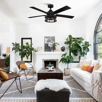 52 In. Indoor Industrial Mesh Metal Reversible Blades Black Ceiling Fan with Light Kit and Remote Control