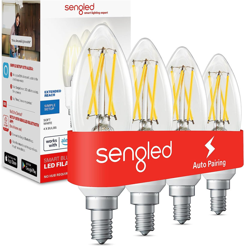 Alexa Light Bulb, E12 Smart Bulbs, Edison Bulbs Bluetooth Mesh, 40 Watt Candelabra Light Bulbs 2700K B11, Smart Bulbs That Work with Alexa, Dimmable & Group Control, No Hub Request, 4 Pack