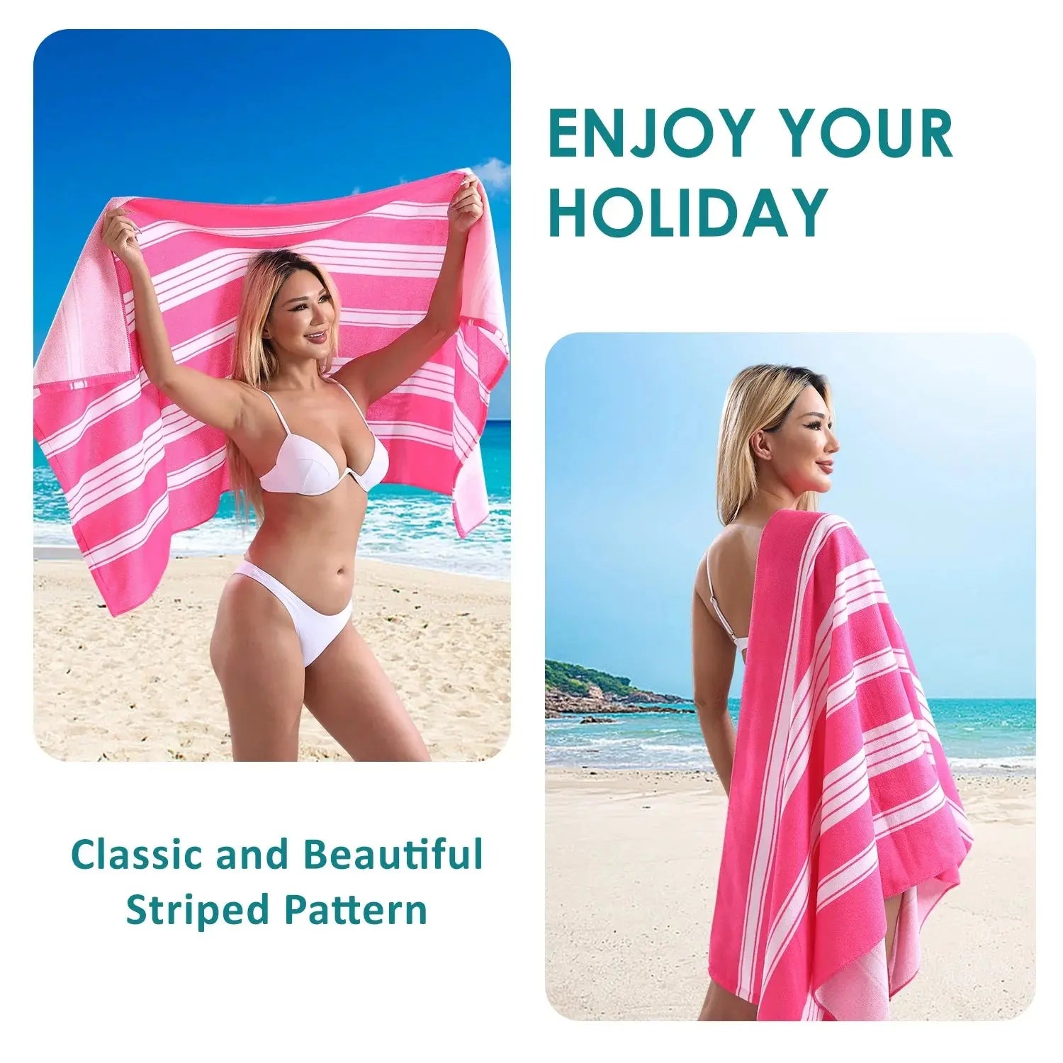 2 Pack Oversized Cabana Stripe Beach Towels, 60X30 Inches Microfiber Outdoor Large Swim Towel for Adults (Rose Red)