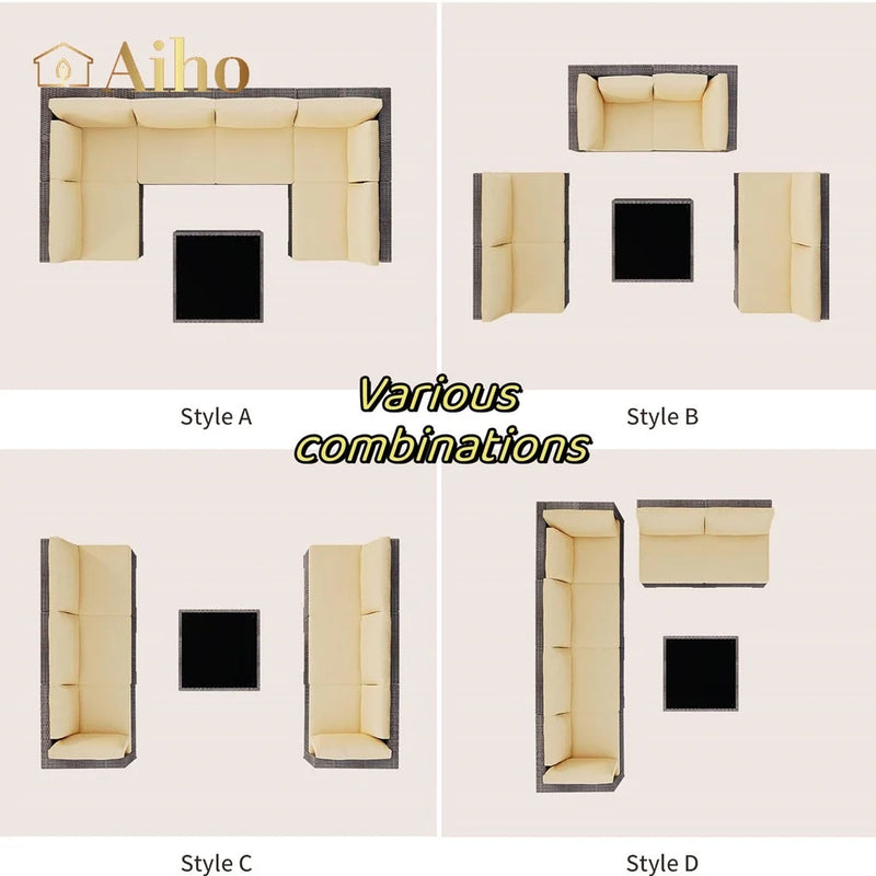 7 Piece Patio Furniture Sets,  Outdoor Sectional Sofa with Glass Coffee Table & Cushions for Patio - Beige