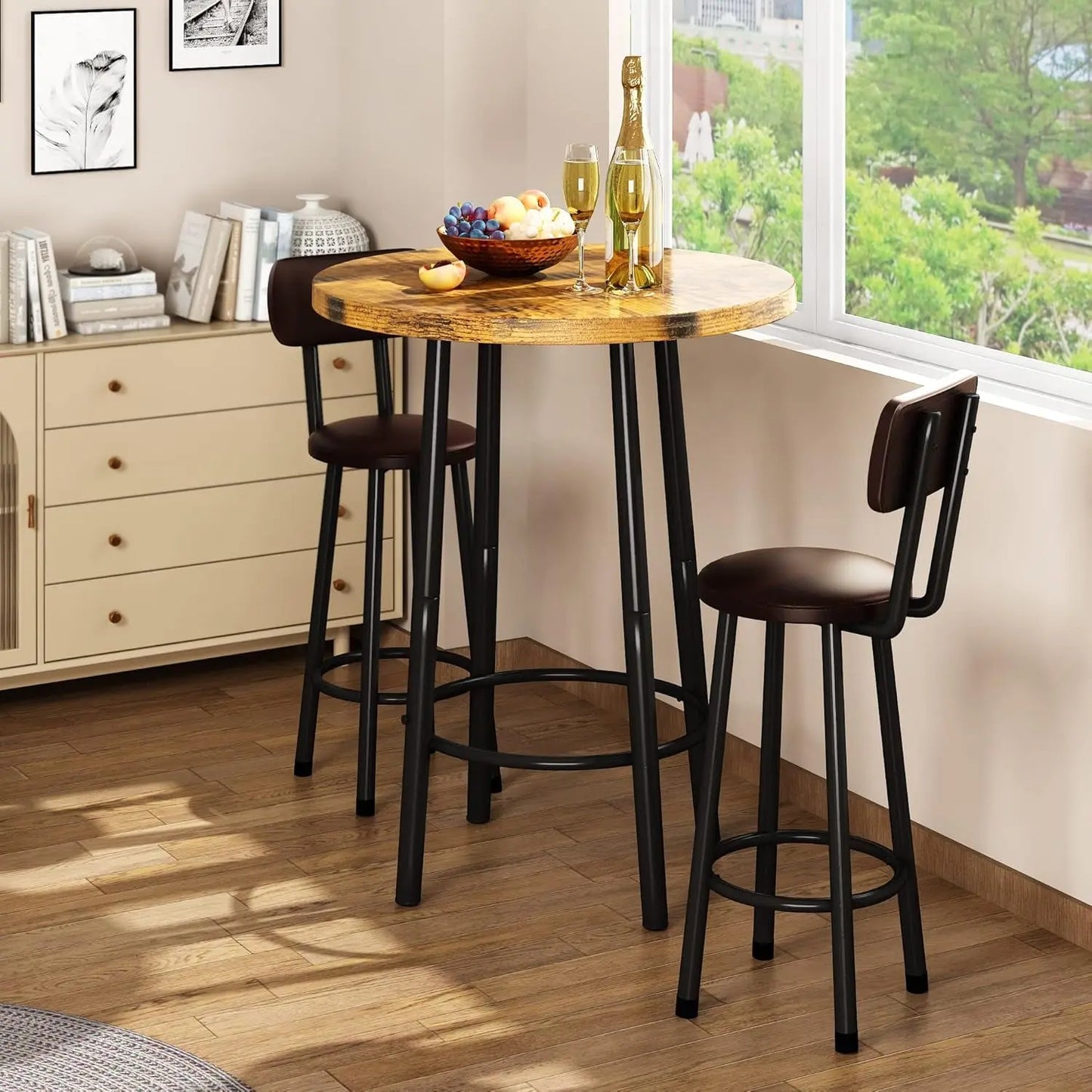 3 Piece Pub Dining Set, Modern Bar Table and Stools for 2 Kitchen Counter Height Wood Top Bistro Easy Assemble for Breakfast Nook Living Room Small Space Restaurant, Rustic Brown