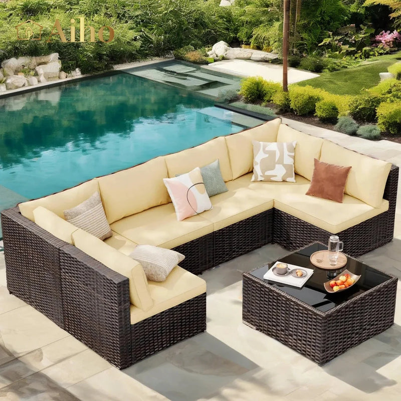 7 Piece Patio Furniture Sets,  Outdoor Sectional Sofa with Glass Coffee Table & Cushions for Patio - Beige