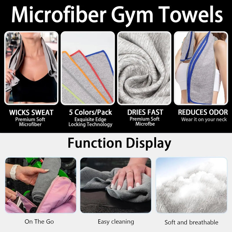 5 Pack Microfiber Gym Towels for Working Out, 16" X 26.8", Silver ION Odor-Free Absorbent Fiber, Fast Drying and Quick Dry Towels for Body Sweat, Working Out
