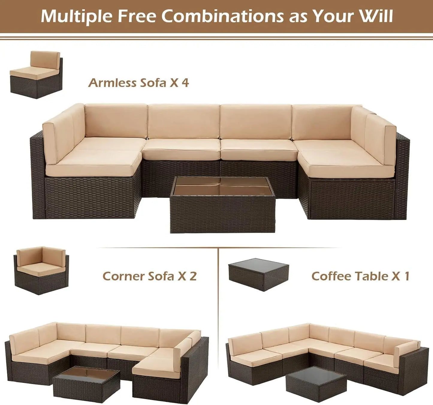 7-Piece Outdoor Patio Furniture Set with PE Rattan Wicker Sofa, Cushions, and Tea Table in Brown